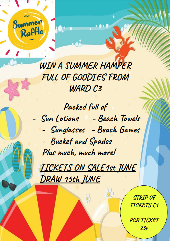 ☆Summer Raffle☆
🌞⛱️😎
Do you have a holiday planned? Or a weekend visiting the beach?
C3 staff have kindly donated summer items to create a jam packed hamper full of goodies. 
Tickets now on sale on C3!🎟️
£1 for a strip of tickets
25p for one number
@Sarahslicker1
@sabah786n