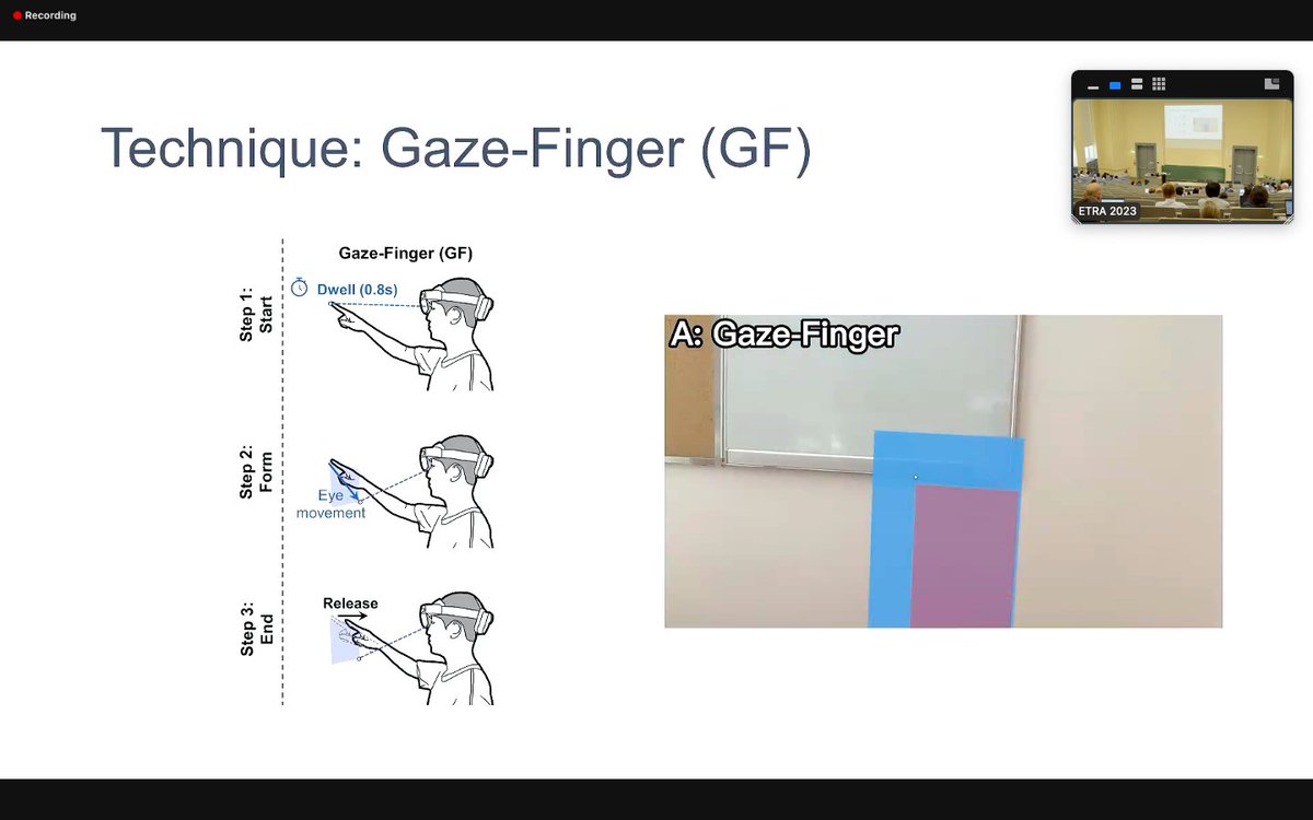 Session 3: Eye tracking beyond desktops at @ETRA_conference starting with 'Exploring Gaze-assisted and Hand-based Region Selection in Augmented Reality' #AR #ETRA2023