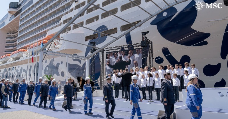 MSCCruises_PR's tweet photo. A spectacular delivery ceremony of our most innovative ship yet, #MSCEuribia, took place yesterday at Chantiers de l'Atlantique in Saint-Nazaire, France. The state-of-the-art vessel, designed with the future in mind, will embark on the industry’s first #NetZero cruise. 🎉🍾