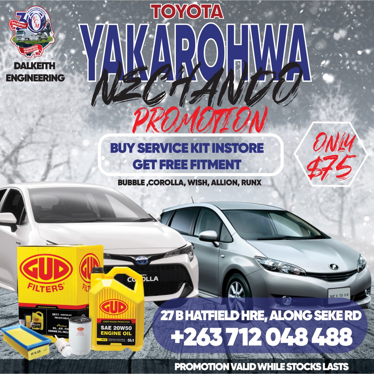 DalkeithEng1's tweet photo. #Happy New Month. Get this Toyota Yakarohwa Nechando #winterpromotion
Service kits include Air filters, oil filters, Engine Oil, and Plugs. Ts and Cs apply. https://t.co/7J5exJh4cM