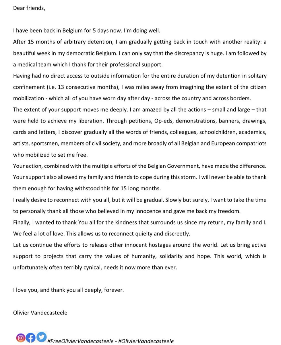 Hello everyone, Olivier has message for all of you 👇 5 days home already 🇧🇪 Thank you everyone for your kind support and for being so mindful to us 🙏 #FreeOlivierVandecasteele #OlivierVandecasteele #OlivierIsHome #OlivierIsFree #NotATarget #ThankYou #Freedom