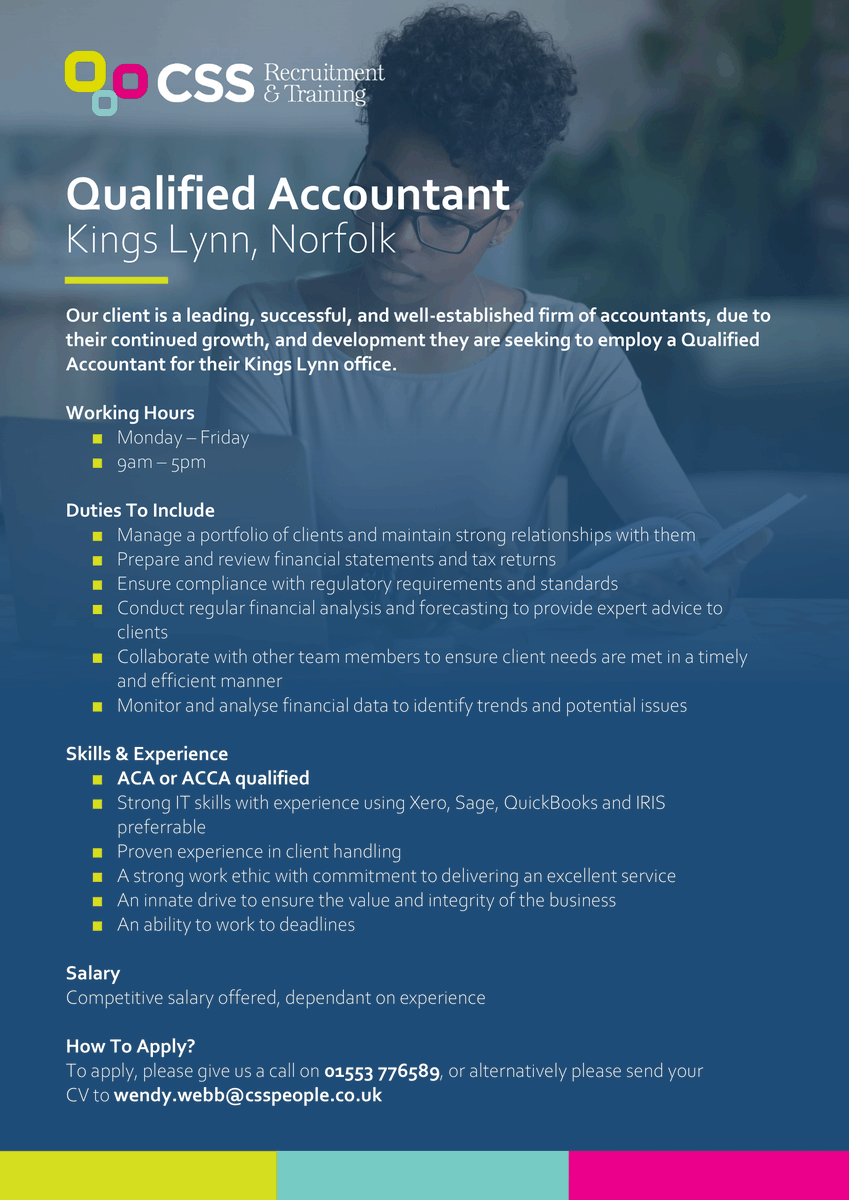 Looking for a new role 👀

💰 Qualified Accountant
💷 Competitive Salary
📍 Based in Kings Lynn, Norfolk

☎️ Please call us today on 01553 776589
📧 Or email wendy.webb@csspeople.co.uk

#Jobs #JobSearch #JobHunt #Accountant #AccountantJobs #OfficeJobs #PermanentJobs #NorfolkJobs