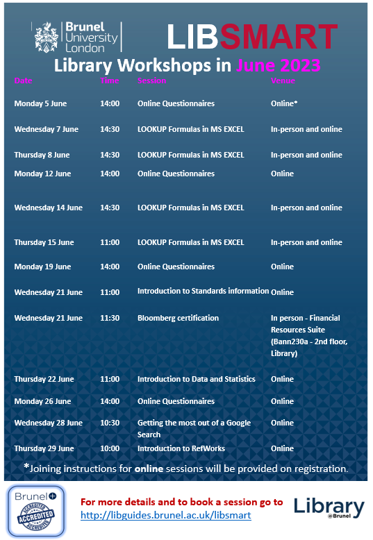 Our <a href="/Brunel_Library/">Brunel University of London Library</a> LibSmart workshops continue this June, with the new addition of digital skills sessions on Excel and Online Questionnaires. Find out more at: libguides.brunel.ac.uk/libsmart/overv…. Now, you can accumulate points for participating with our  Brunel+ accreditation scheme.