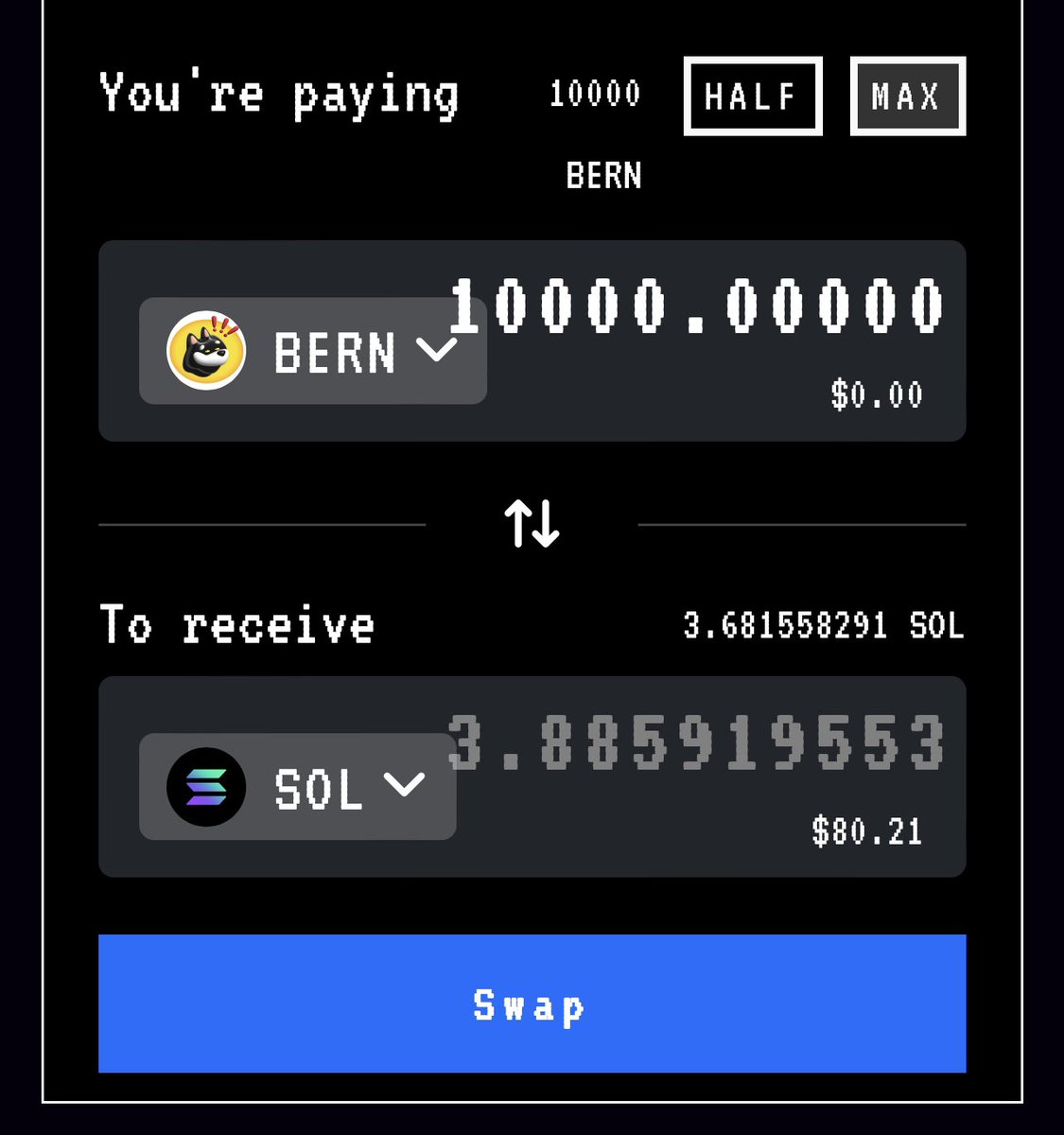Solana cüzdanında $BONK token hold edenler, cüzdanlarını kontrol etsin. $BERN token airdrop gelmiş ola biler. Men satdım, 80$ (3.80 SOL) - satarken slippage -ni 3% edin.

If you hold $BONK maybe you get $BERN token

✔️SC $BERN : 
CKfatsPMUf8SkiURsDXs7eK6GWb4Jsd6UDbs7twMCWxo…