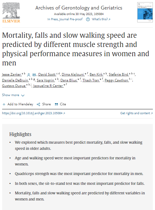 jacksonfyfe's tweet photo. Strength and physical function predict adverse outcomes with ageing.

New data from 1396 men and women (~69 years of age) followed over 14.5 years showed:

1) Men with low quadriceps strength (<0.39 kg/m2 scaled to BMI) at baseline were 3x more likely to die

2) Women with slower walking speed (<0.72 m/s) at baseline were >2x more likely to die

3) In both sexes, 5 x sit-to-stand performance was the best predictor of falls

From Jesse Zanker, @DrGustavoDuque, @DrBenKirk, @DavidScottPhD, et al.

https://t.co/iO28PEPVI2