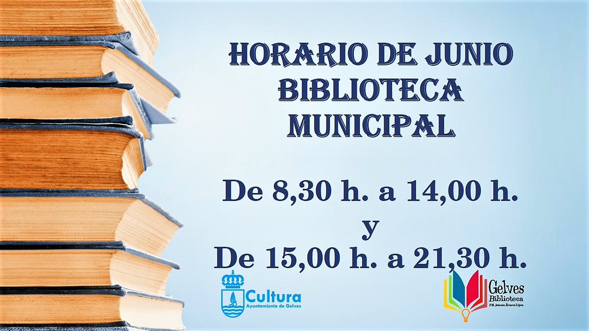 Este será el horario de nuestra Biblioteca Municipal "Antonio Álvarez López" durante el mes de junio.
#gelves2023 #cultura #bima #bibliotecagelves #bibliogelves #horariobiblioteca