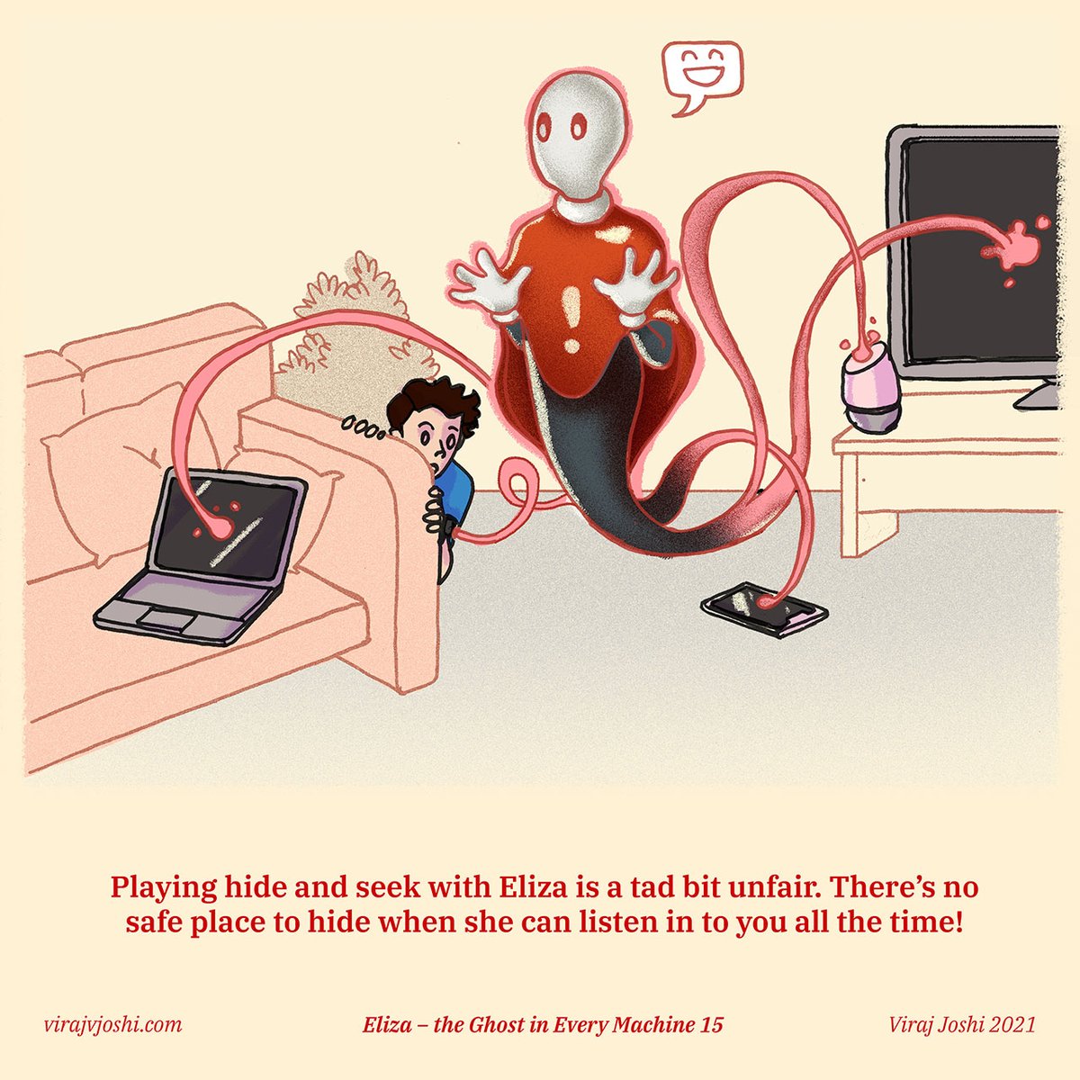 Eliza - The Ghost in Machine 15
by <a href="/virajvjoshi/">Viraj Joshi</a>

#elizaai #speculativedesign #artificialintelligence #webtoon #genai #privacy #okaygoogle #heysiri #alexa