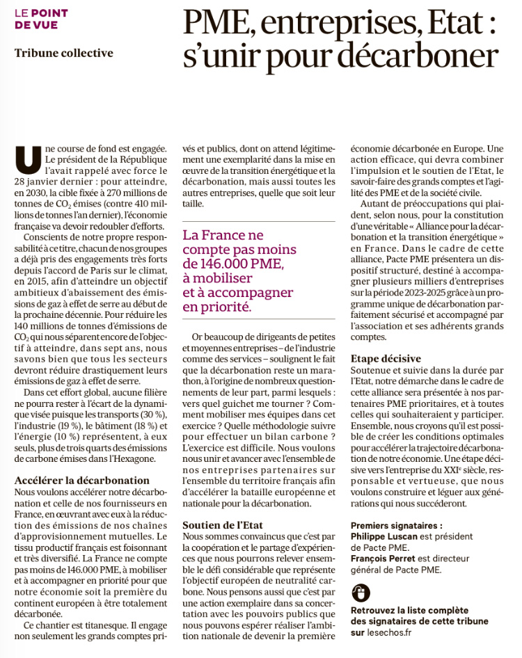 L’Alliance Pacte PME pour la décarbonation et la transition énergétique : c’est parti !
7 grands comptes mobilisés pour accompagner plusieurs milliers de PME françaises dans leur parcours de décarbonation entre 2023 et 2025.
#entreprise #decabonation #pme