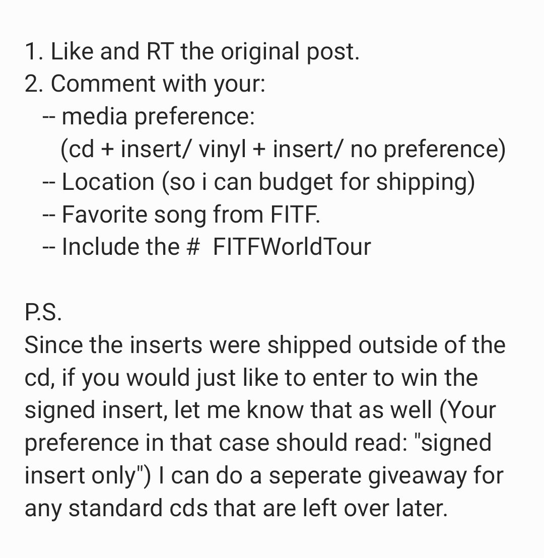 ❤🖤 JUNE GIVEAWAY TIME 🖤❤

TWO (2) winners will receive one copy each of EITHER the #FaithInTheFuture standard cd OR standard black vinyl.. BOTH WITH SIGNED INSERT !!! 

Full entry rules below: 
ENDS 6/28
OPEN WORLDWIDE.
GOOD LUCK !! 🖤❤
#FITFWorldTour