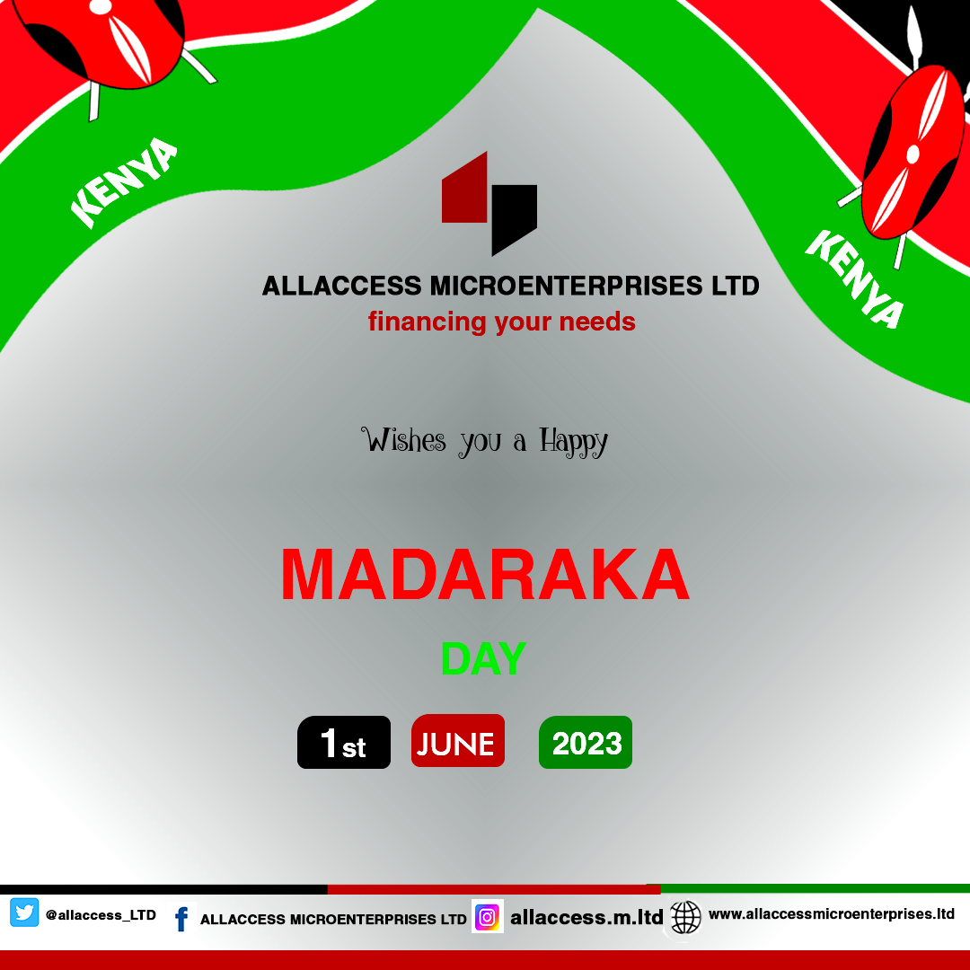 Happy Madaraka Day to all Kenyans! We celebrate 60 years of freedom and #independentgovernance. @AllAccess-LTD we are happier to be enablers of #FinancialAccess to underbanked #kenyans
#allaccessmicroenterprisesltd
#MadarakaDay2023 
#freedomthinkers