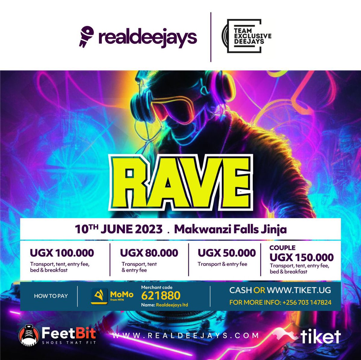 #AD 
Hello good people🤓
The Real Deejays and Exclusive Deejays Rave is going to take place at Makwanzi Falls, Jinja on 10th June. Tickets are available for sale as in the pic below. Be there or be nowhere🫡

#RealDjsRave
#ExclusiveDeejaysUg