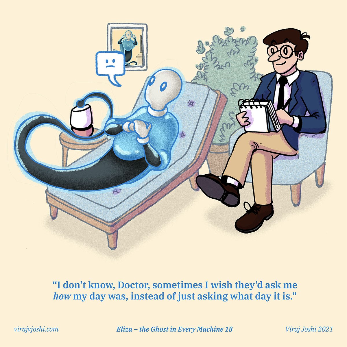 Eliza - The Ghost in Machine 18
by <a href="/virajvjoshi/">Viraj Joshi</a>

#elizaai #speculativedesign #artificialintelligence #webtoon #genai #aitherapy