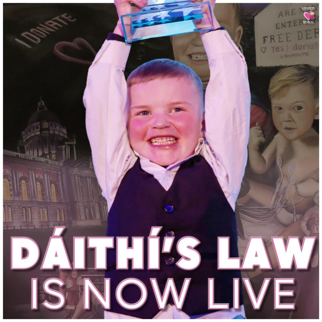 Dáithí’s law is LIVE today. This modernisation of our organ donation laws will help save lives. 💗💗

This historic day belongs to Dáithí, his family, and every single person who campaigned for Dáithí’s Law.

organdonationni.info/changes-to-the…