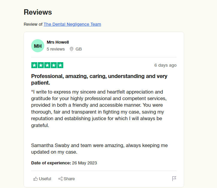 DentalNegTeam's tweet photo. An excellent 5⭐️review on our Trustpilot page for the dental negligence team, especially @SamRWKGoodman. Well done for your brilliant work on this case and we're always pleased to hear feedback from our clients https://t.co/RAudcmwDTW