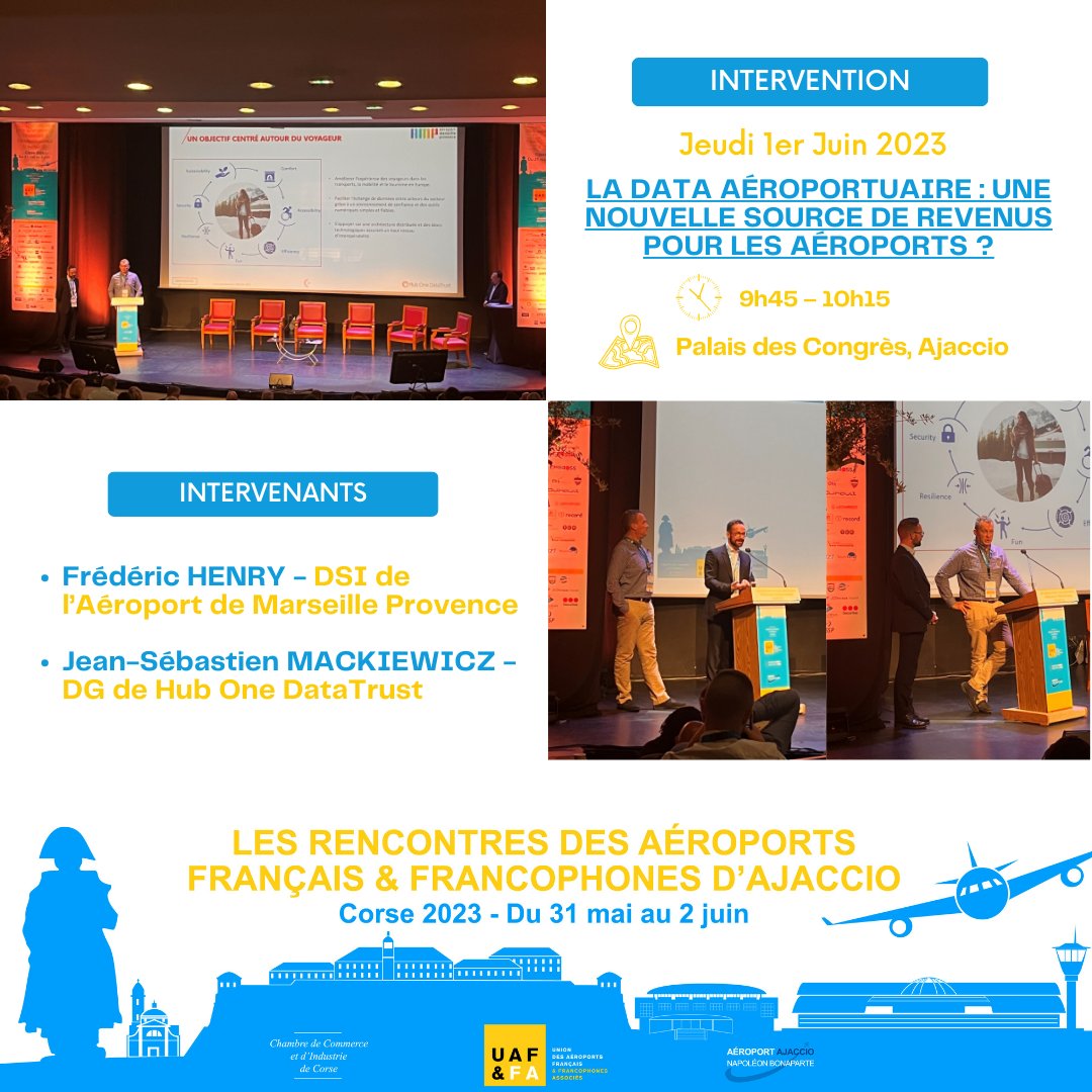 Frédéric HENRY de <a href="/aeroportmp/">Aéroport Marseille Provence</a> et Jean-Sébastien MACKIEWICZ de <a href="/Hub_One/">Hub One</a>, ont échangé sur la nouvelle source de revenus que pourrait représenter la data aéroportuaire au sein des aéroports.
#AéroportsFrancais #évènement  #LesRencontresUAF2023 #Corse #Ajaccio