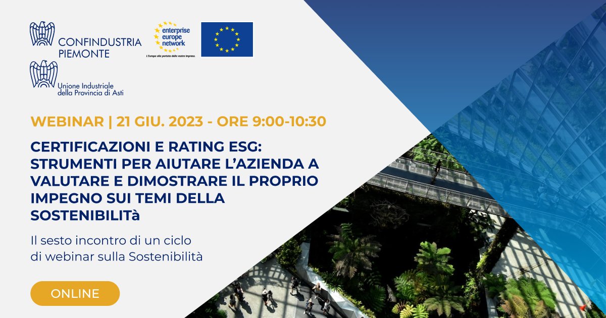 Confindustria Piemonte, con le Ass. Industriali del territorio, organizza “Certificazioni e rating ESG: strumenti per aiutare l'azienda a valutare e dimostrare il proprio impegno sui temi della sostenibilità”: 6° webinar il 21/06

Scopri di più 👉 lnkd.in/dubsN8K4