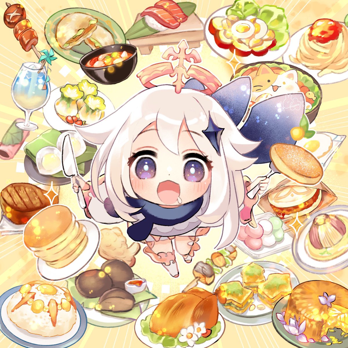 paimon (genshin impact) 1girl food pancake meat white hair egg (food) knife  illustration images