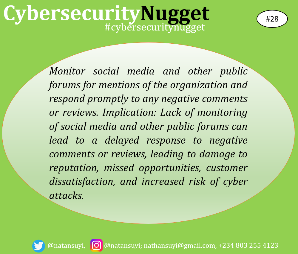 #CybersecurityNugget ... your valuable Cybersecurity insights.
#cybersecurity, #cloudcomputing, #governance, #compliance #cyber #cyberdefense #business #nigeria #africa #nitda #CybersecurityNuggets