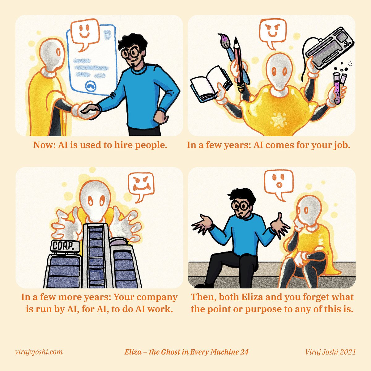 Eliza - The Ghost in Machine 24
by <a href="/virajvjoshi/">Viraj Joshi</a>

#elizaai #speculativedesign #artificialintelligence #webtoon #genai