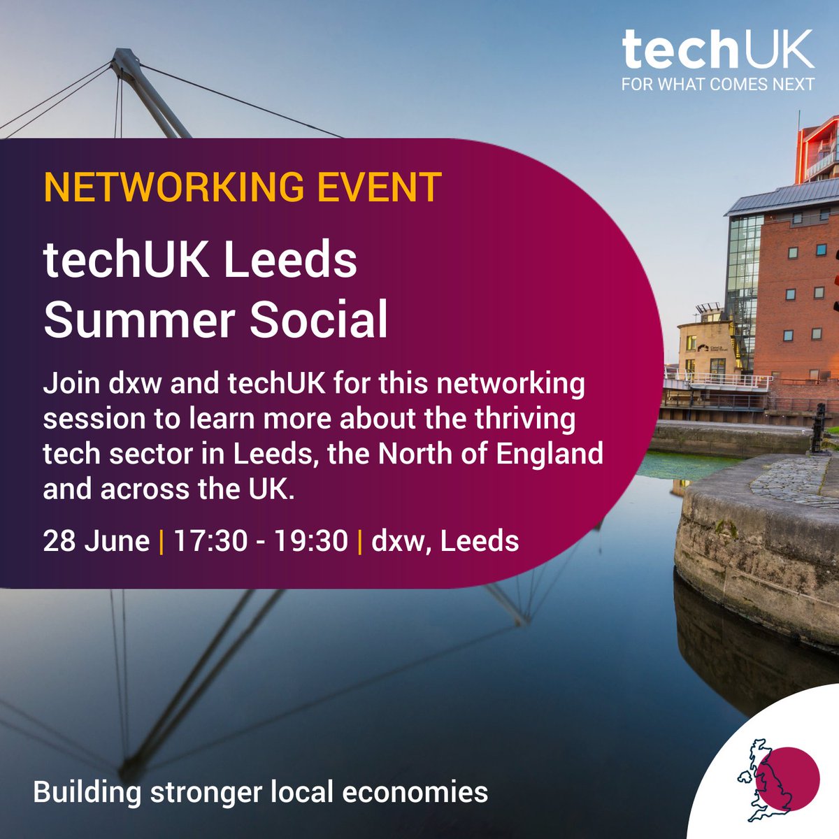 Join <a href="/dxw/">dxw</a> and <a href="/techUK/">techUK</a> for this summer networking session with an opportunity to talk about and with some of the public and private sector partners helping drive a thriving tech sector in Leeds, the North of England and across the UK.
Secure your place here ow.ly/sCzf50OvhlN