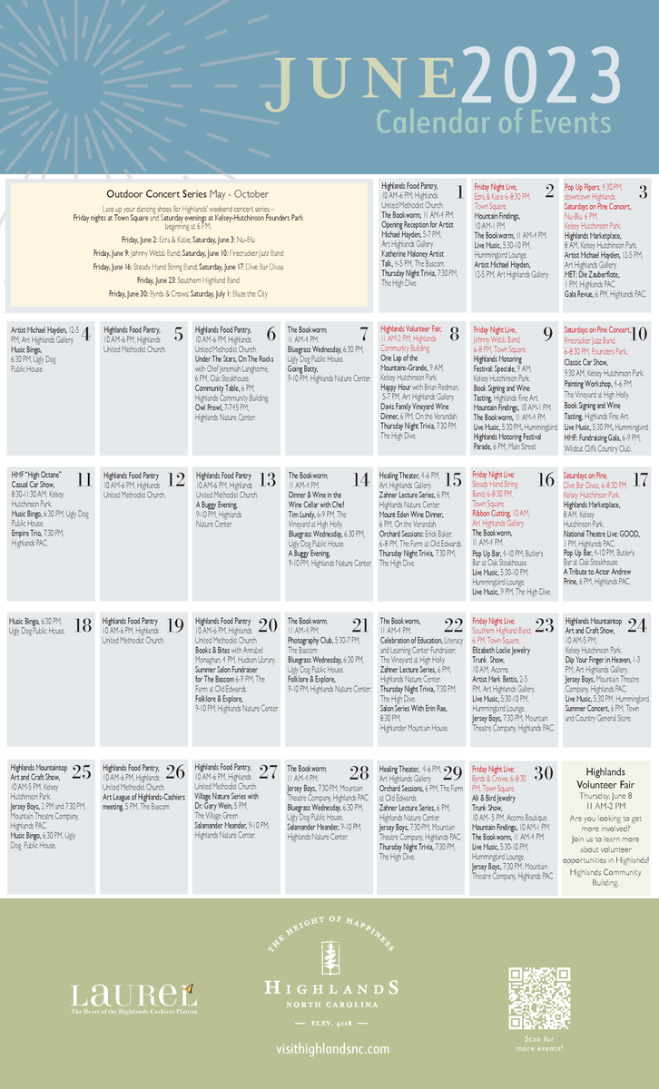 ☀️JUNE EVENTS ☀️ 

Here’s our June events calendar! Check it out to see what’s going on in Highlands, NC during the month of June!  

#heightofhappiness #visithighlandsnc #highlandsnc #visitnc #828isgreat #mountaintown #westernnorthcarolina #mountainlife #mountainair