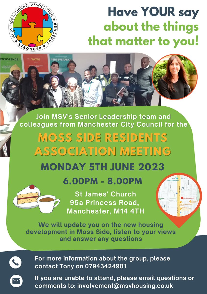 MSVHousing (@msvhousing) on Twitter photo Join MSV's Senior Leadership team and colleagues from <a href="/ManCityCouncil/">Manchester City Council</a> at the Moss Side Resident's meeting at 6pm on Monday 5th June, St James' Church Manchester. We will update you on new developments in Moss Side, listen to your views and answer questions - find out more 👇 Join MSV's Senior Leadership team and colleagues from <a href="/ManCityCouncil/">Manchester City Council</a> at the Moss Side Resident's meeting at 6pm on Monday 5th June, St James' Church Manchester. We will update you on new developments in Moss Side, listen to your views and answer questions - find out more 👇