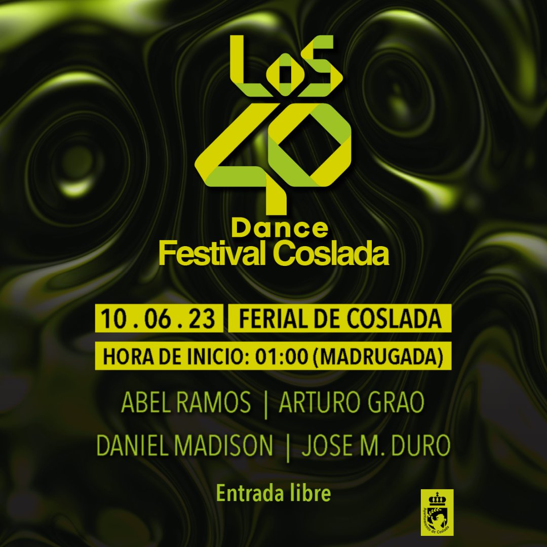Ayuntamiento de Coslada (@ayto_coslada) on Twitter photo 🎉🎡 Fiestas de #Coslada 2⃣0⃣2⃣3⃣
🎚️🎛️ Festival DJ's <a href="/Los40Dance/">LOS40Dance</a>
👉🏽 <a href="/djabelramos/">Abel Ramos</a> ➕ <a href="/arturograo2/">Arturo Grao</a> ➕ <a href="/josemduro/">Jose M Duro</a>
🗓️ Madrugada del sábado 🔟 al 1⃣1⃣ de junio a la 1:00 hs. en el Recinto Ferial de #Coslada
🔴 Toda la programación de las Fiestas ⤵️
coslada.es/cultura-y-fies… 🎉🎡 Fiestas de #Coslada 2⃣0⃣2⃣3⃣
🎚️🎛️ Festival DJ's <a href="/Los40Dance/">LOS40Dance</a>
👉🏽 <a href="/djabelramos/">Abel Ramos</a> ➕ <a href="/arturograo2/">Arturo Grao</a> ➕ <a href="/josemduro/">Jose M Duro</a>
🗓️ Madrugada del sábado 🔟 al 1⃣1⃣ de junio a la 1:00 hs. en el Recinto Ferial de #Coslada
🔴 Toda la programación de las Fiestas ⤵️
coslada.es/cultura-y-fies…