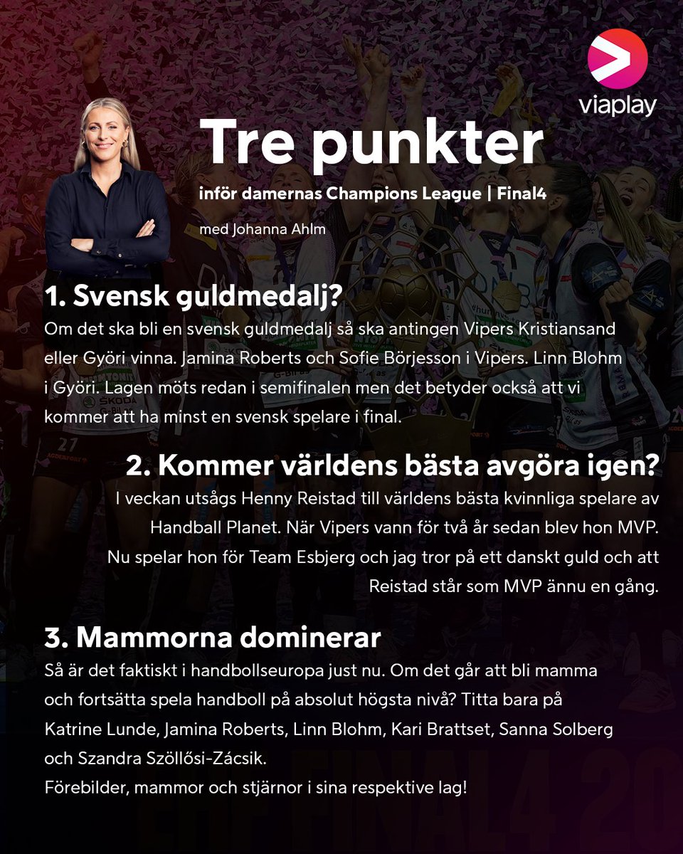 Johanna Ahlm hjälper dig att hålla koll på det viktigaste inför helgens Final4 i damernas Champions League 🙌🏆

🤾 Lördag 15.10: Györi–Vipers Kristiansand
🤾 Lördag 17.55: FTC–Team Esbjerg