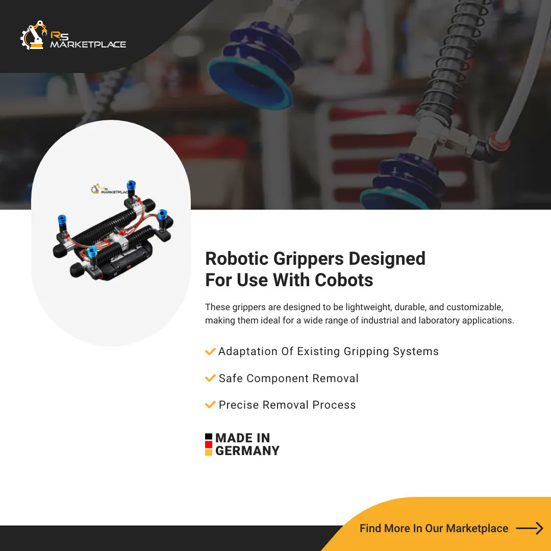 rsm_robotics's tweet photo. Robotic grippers designed for use with cobots! Don't settle for less - upgrade your production line with our top-of-the-line robotic grippers today!   https://t.co/3OzxW5pcFQ https://t.co/md8X0GIjDU
