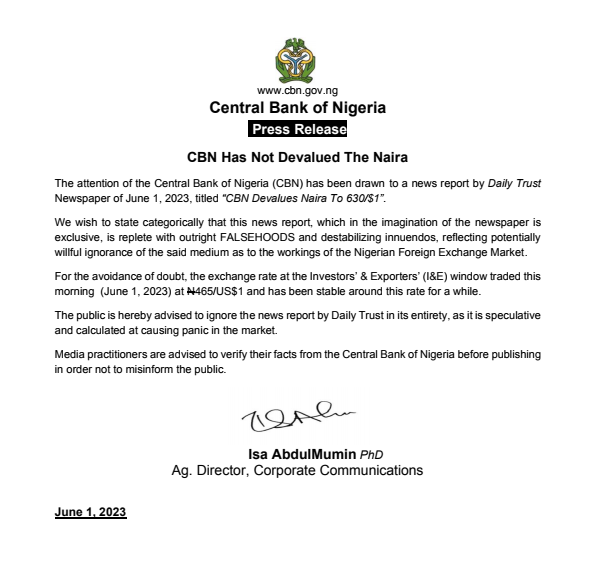 cenbank's tweet photo. CBN Has Not Devalued The Naira https://t.co/O9DCB4lQYj