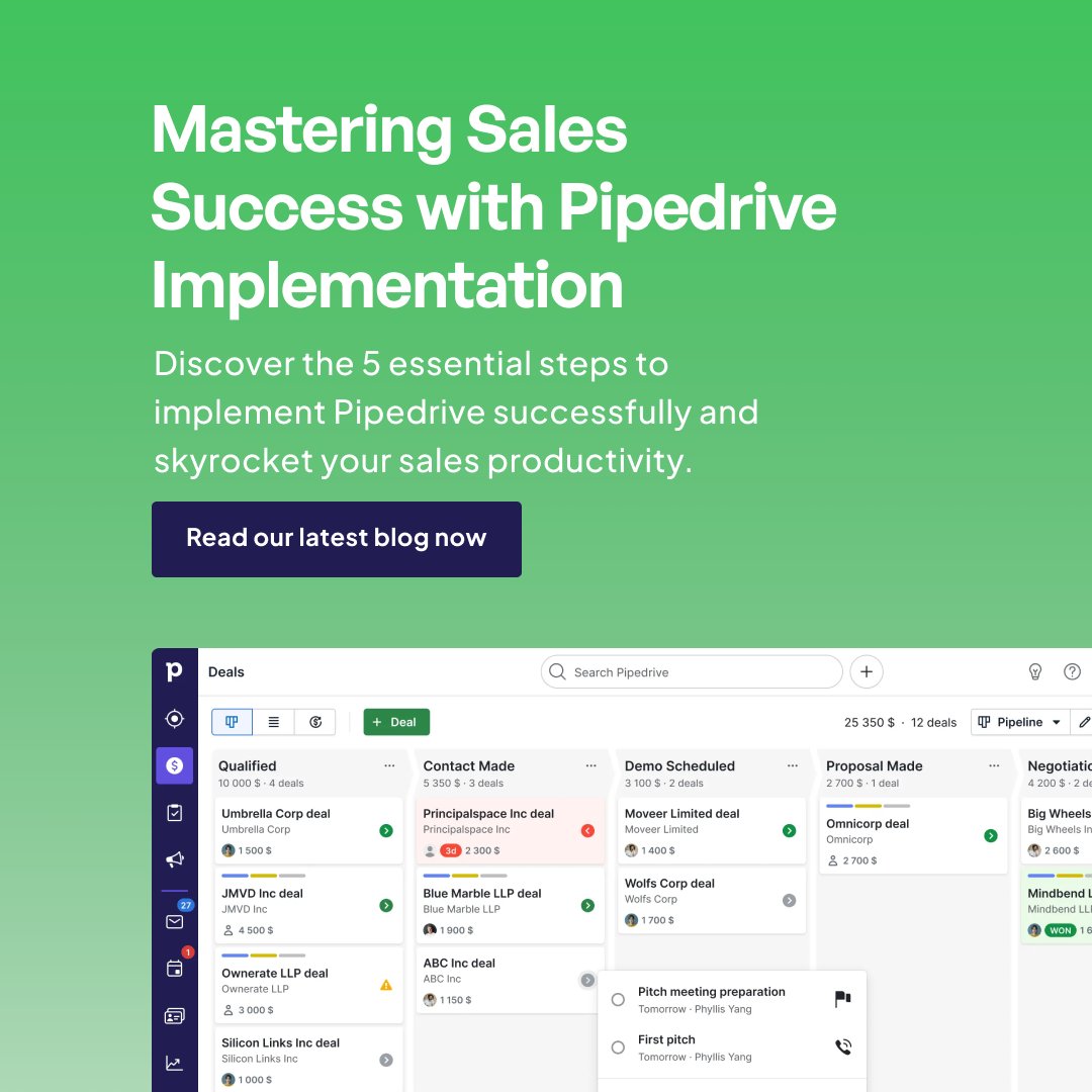 Boost your sales process with Pipedrive. Learn the 5 steps for a successful implementation and maximise your business potential: hubs.li/Q01Rs1BY0 

Pipedrive #SalesSuccess #CRM #Pipedriveimplementation #CloudifyApS