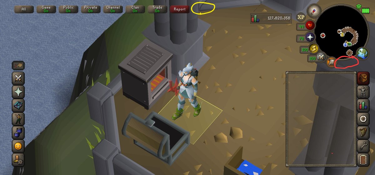 Yokodice's tweet photo. @JagexAsh Mobile QOL changes? 

The pop out bar (skill / loot tracker) could have a hide/open button. Going in to settings to open / close it seems clunky. (RED)

PVM on mobile I often hit report /chat options. Instant death. Frustrating! Hide / Close option for this? (YELLOW) https://t.co/ZXJxFHsmJw