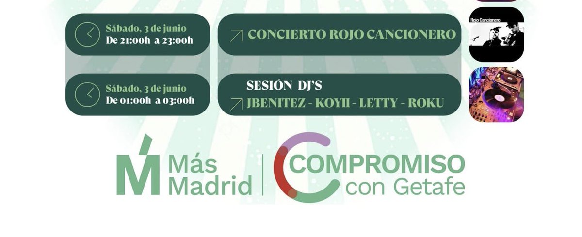 Volvemos a la música 😎😎

Este sábado estaremos en la caseta de <a href="/MasGetafe__/">Más Madrid Compromiso con Getafe</a> 

Un placer volver a estropearte las canciones, <a href="/SALVADORAM0R/">SALVADOR AMOR</a>
