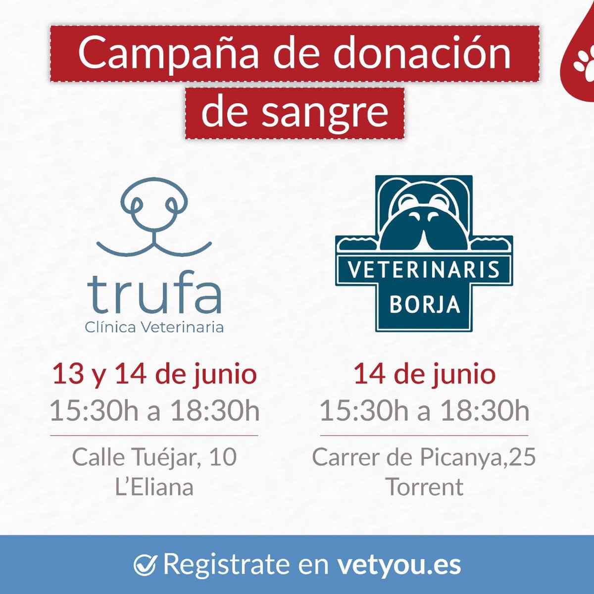 kspual's tweet photo. Tu peludo tiene la oportunidad de convertirse en un superhéroe en nuestra Campaña de Donación de Sangre #GotasDeVida 🐶
Regístrate en https://t.co/lhHufeXsGZ para participar 💞
- Clínica Trufa: 13-14 junio de 15:30 a 18:30
- Veterinaris Borja: 14 junio de 15:30 a 18:30
RT y❤️ https://t.co/zdK1OQSZ6N