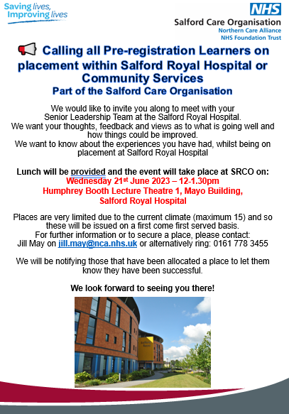 📢Calling all Pre Reg Learners.. do you want to meet your Care Org Senior Team &amp; share your placement experiences? We still have places available for the lunch events at Salford, Rochdale &amp; Fairfield. 
Email: jill.may@nca.nhs.uk <a href="/davidwthorpe1/">David Thorpe</a> <a href="/alikellydon/">alison kelly</a> <a href="/trish_hug/">trish hughes</a>