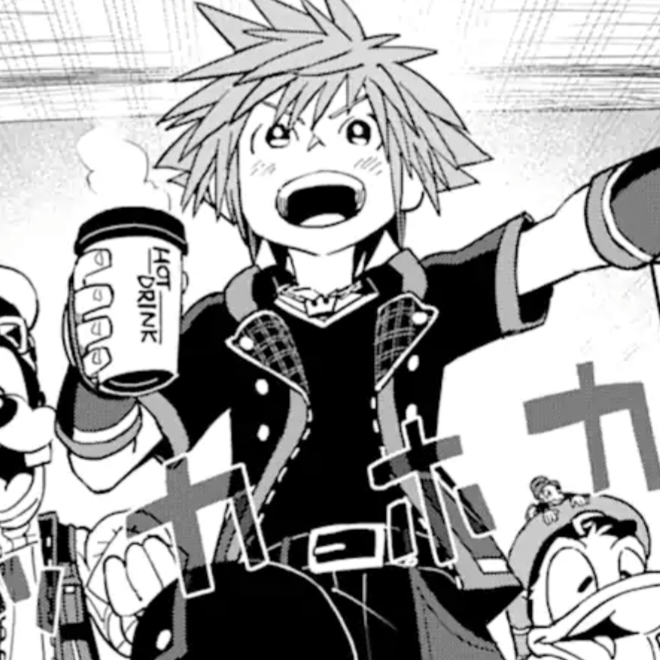 In the KH3 manga Sora gets in a random store in the snow in Arendelle some equipment under some of his clothes to heat himself up in the cold, and also a hot drink!

(Art by Shiro Amano: @h141127)

#Sora #KH #Kingdomhearts #KH3manga