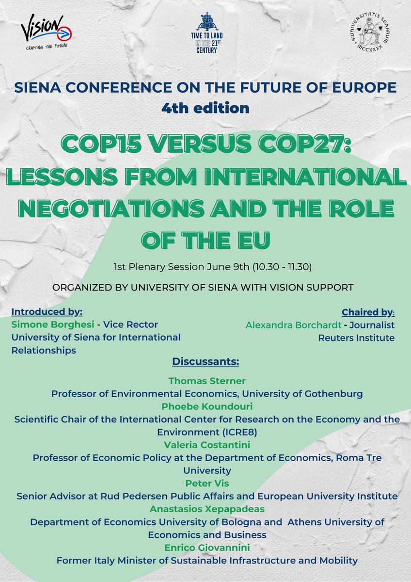 - 1 week to the #SienaConference2023 
Vision presents the first of many interest sessions in this 4th edition: 'COP15 VERSUS COP27,' which will take place on June 9th!

To register and receive the link to this session:
lnkd.in/dU36Wg6p

#visionfuture2023