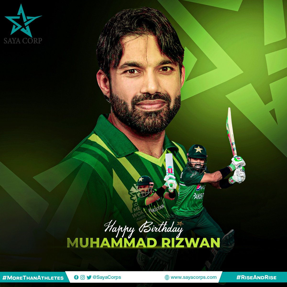 #SayaCorporation wishes a Happy 3️⃣1️⃣st Birthday to the Superstar @iMRizwanPak 🥳

The wicket keeper is ranked the 2️⃣nd Best T20I batter in the world and is serving as 🇵🇰's vice captain in Test cricket.

#MoreThanAthletes #RiseAndRise @TalhaAisham