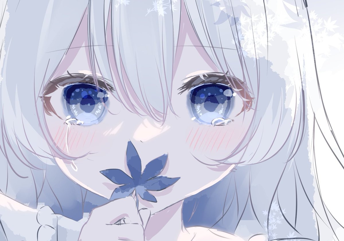 1girl solo blue eyes tears holding looking at viewer blush  illustration images