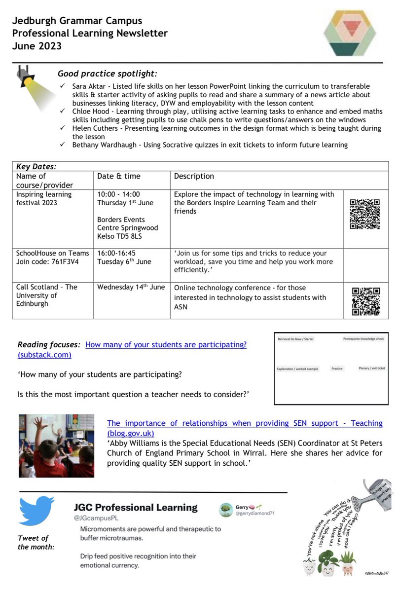 JGcampusPL's tweet photo. Here is our June newsletter! ☀️🏳️‍🌈
A quadruple dose of good practice from our learning walks and some great CPD in the run up to the holidays. Sources: @inspireSBC @CALLScotland @mrbartonmaths @gerrydiamond71 https://t.co/K87ku5jTyB