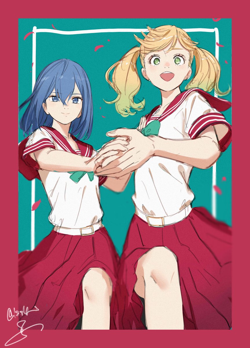 2girls multiple girls blue hair blonde hair school uniform twintails smile  illustration images