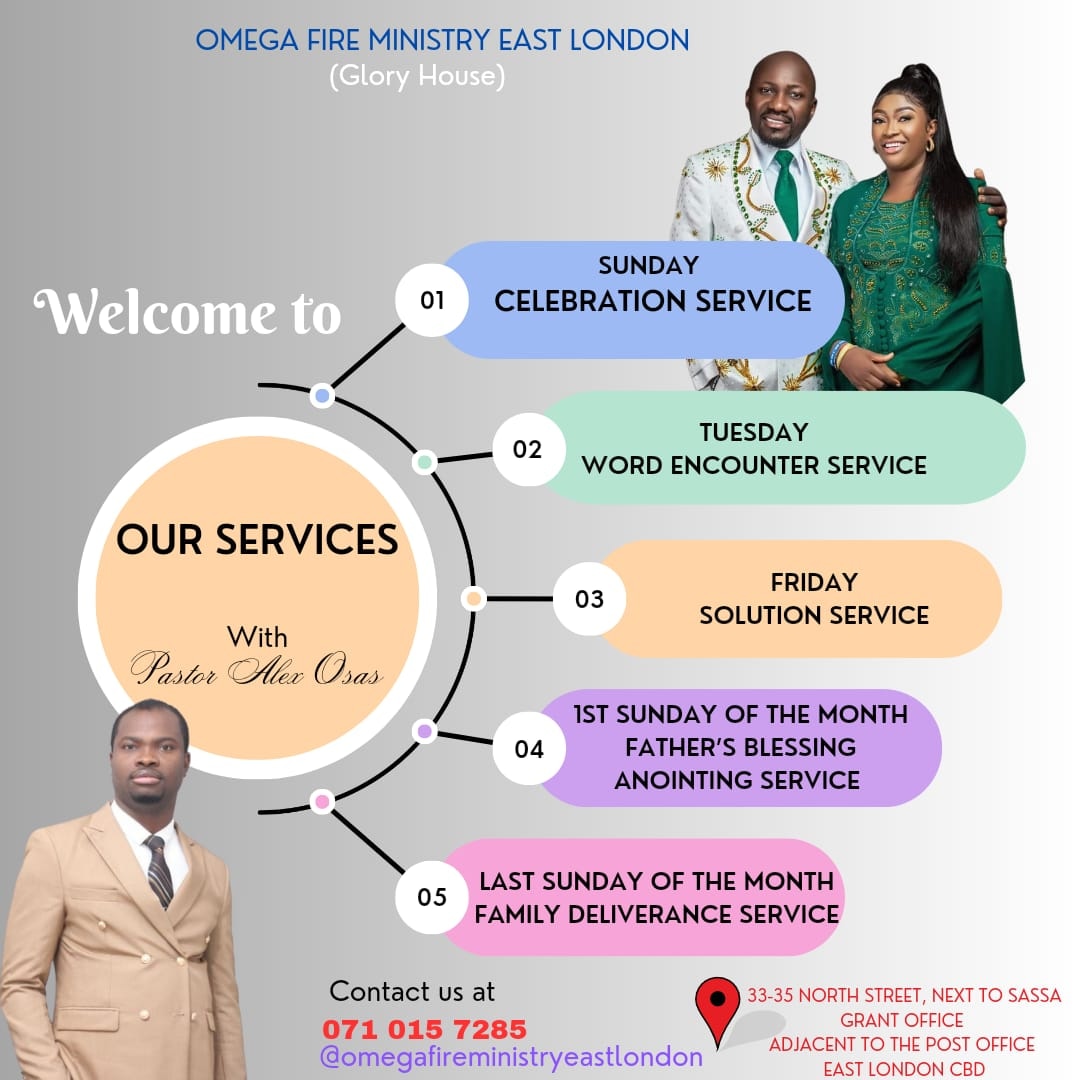 If you are around East London and its surrounding kindly join us for our services.

#pastoralexosas
#pastorbeatriceosas #ApostleJohnsonSuleman
#Victory2023
#victoryandrestoneveryside