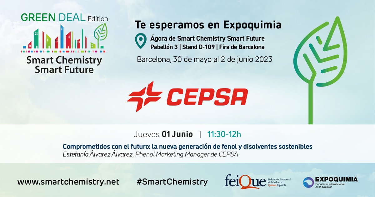 ForoQyS's tweet photo. 📢Ágora #SmartChemistry #GreenDeal @expoquimia📅A las 11:30h @Cepsa_ES dará a conocer su compromiso con el #futuro a través de la nueva generación de #fenol y #disolventes #sostenibles. ¡Acércate a conocerlos y no te lo pierdas! 👉https://t.co/qodjbgW3UL https://t.co/Wu34HdimfZ
