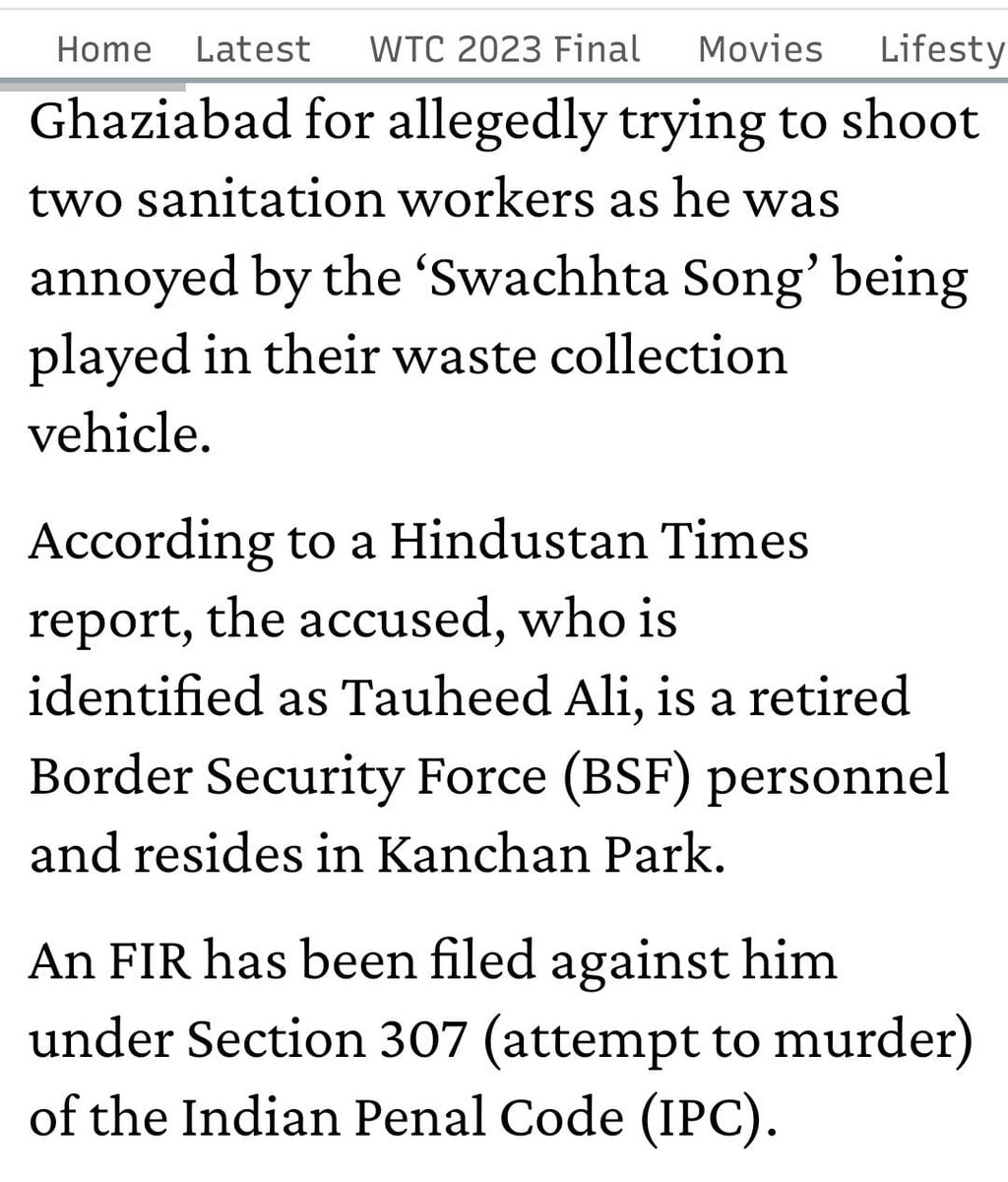 Ghaziabad Uttar Pradesh

Tauheed Ali shoots sanitation workers for playing the Swachhta Anthem while picking up waste. According to reports, Tauheed was irritated by the loudspeaker, which disrupted his sleep.

In this regard, a case has been filed under Section 307 of the IPC.