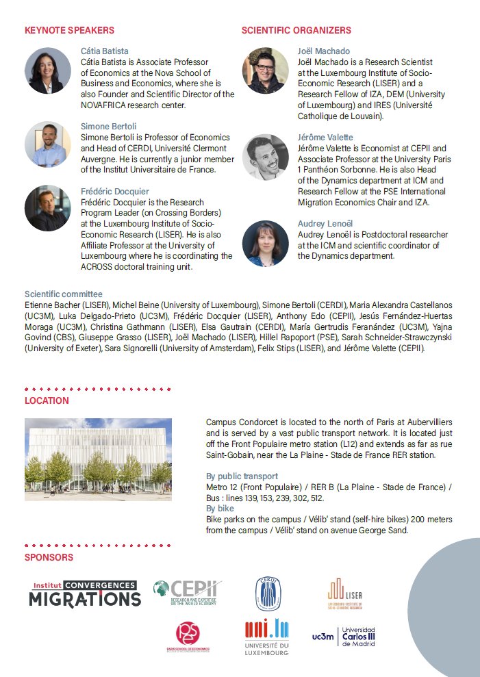 🚨Happy to share the program of the 'Junior Workshop on the Economics of Migration' in Paris (@ICMigrations, Aubervilliers) on June 15-16 , co-organized with @Je_Valette Further details can be found on the dedicated website: economig.sciencesconf.org 1/2⏬