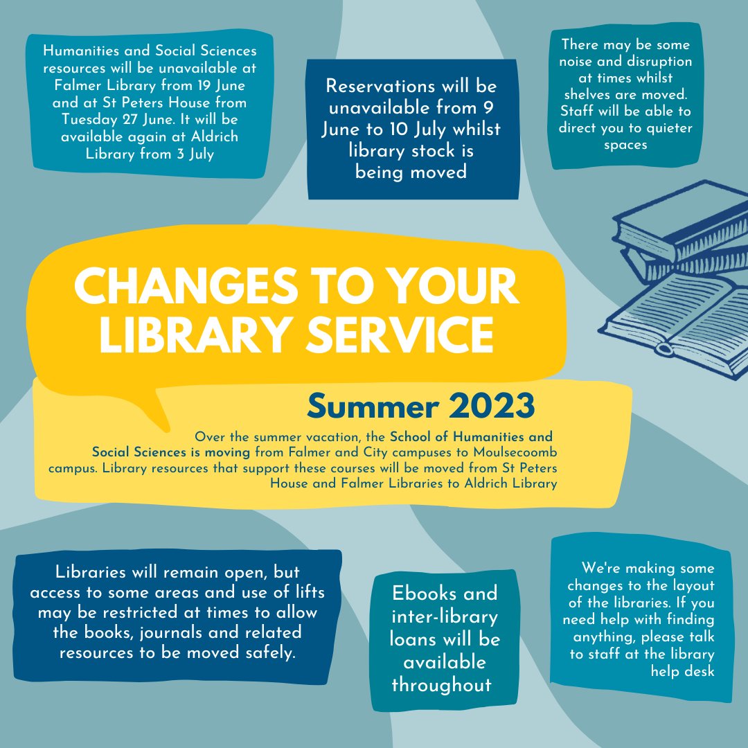 Libraries are open as usual throughout the summer bit.ly/3LaKu0Hbut 
But books are moving to support the schools in their new locations - see the poster below or check alt text for more details. 
No book reservations from 9 June - 10 July.