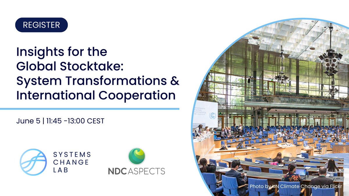 📢 On June 5th at 11:45 CEST, join #SystemsChangeLab, #NDCASPECTS and their key partners for a discussion with leading experts on sectoral insights for the Global Stocktake. 
📍For more information on the event’s content and how to join, register here: eventbrite.com/e/insights-for…