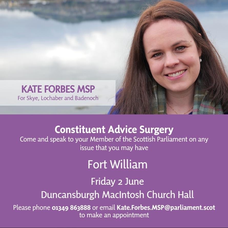 Advice Surgery in Fort William happening this Friday - get in touch if you’d like an appointment.