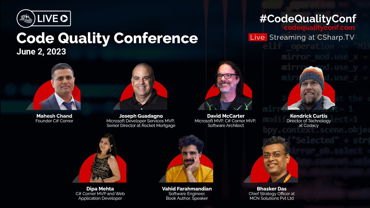 CSharpDotTV's tweet photo. Tomorrow at 10:00 AM (EST), join this awesome lineup of speakers for #CodeQualityConf. Stay tuned!!! 

Register now: https://t.co/70VSpHvcp1

@mcbeniwal @realDotNetDave @jguadagno @DipaMehta345 @_Jinget @bhaskerdas #CodeQuality #TechConference #developers #coding #DOTNET https://t.co/iCRQsNH7bo
