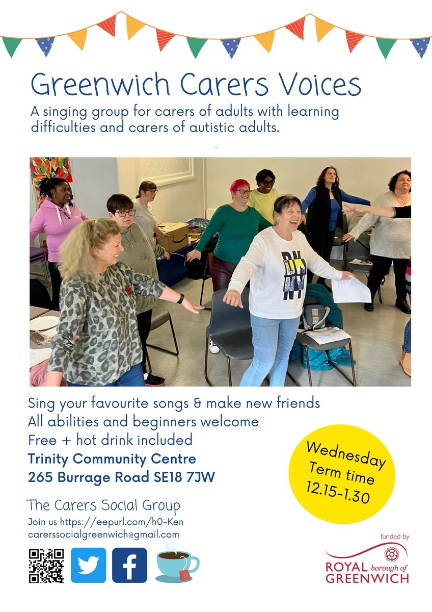 Greenwich Carers Voice is a singing group for carers of adults with learning disabilities and carers of autistic adults. Please see the poster for details of how you can take part. #parentcarers #Singing @csgreewnich